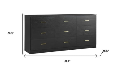 63" Black Wood Nine Drawer Triple Dresser