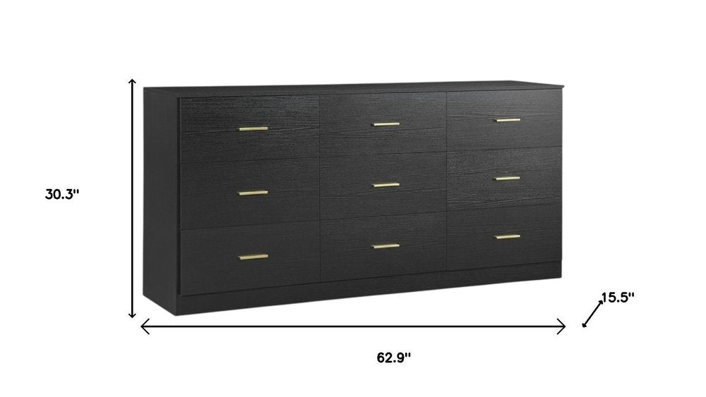 63" Black Wood Nine Drawer Triple Dresser HomeRoots