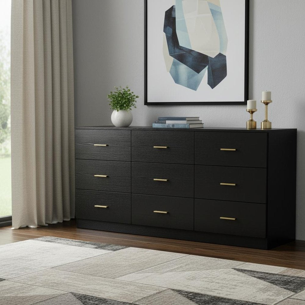 63" Black Wood Nine Drawer Triple Dresser HomeRoots