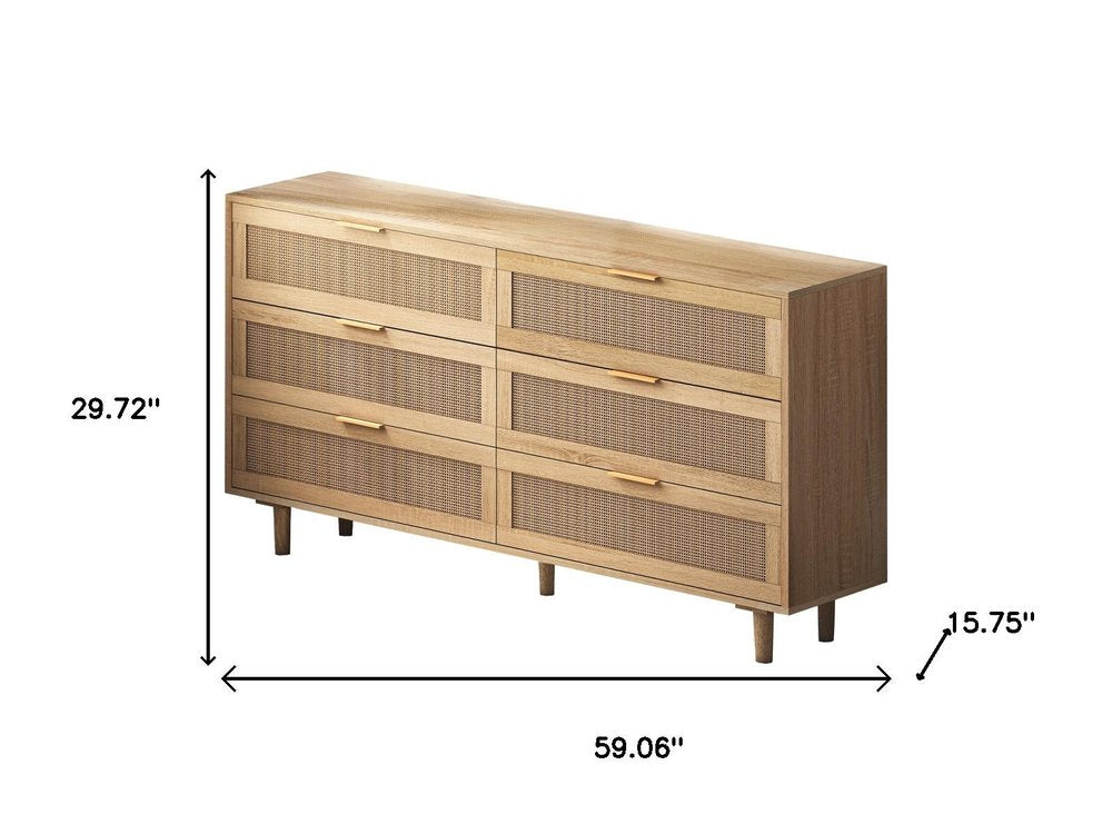 59" Natural Wood and Rattan Six Drawer Double Dresser HomeRoots