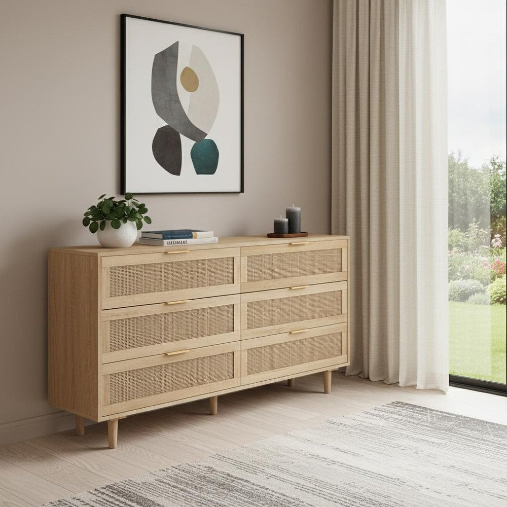 59" Natural Wood and Rattan Six Drawer Double Dresser HomeRoots