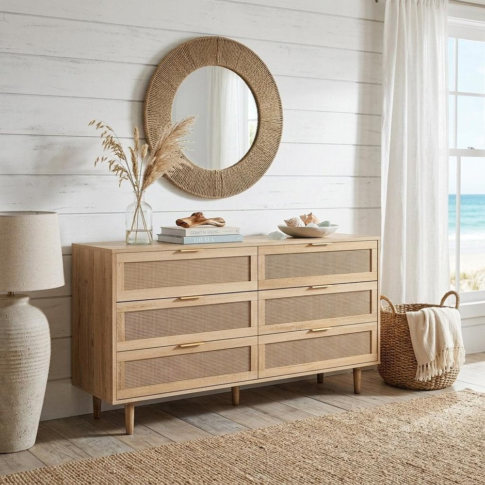 59" Natural Wood and Rattan Six Drawer Double Dresser HomeRoots