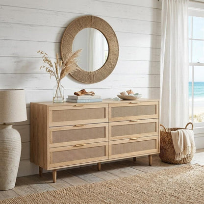 59" Natural Wood and Rattan Six Drawer Double Dresser HomeRoots