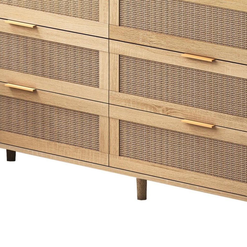 59" Natural Wood and Rattan Six Drawer Double Dresser HomeRoots