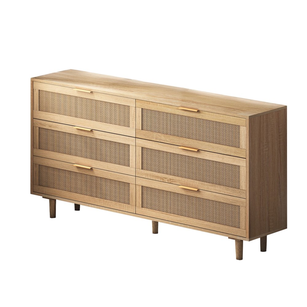59" Natural Wood and Rattan Six Drawer Double Dresser HomeRoots