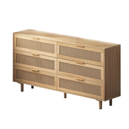 59" Natural Wood and Rattan Six Drawer Double Dresser HomeRoots