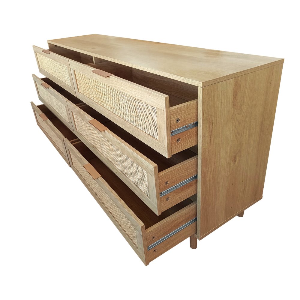59" Natural Wood and Rattan Six Drawer Double Dresser HomeRoots