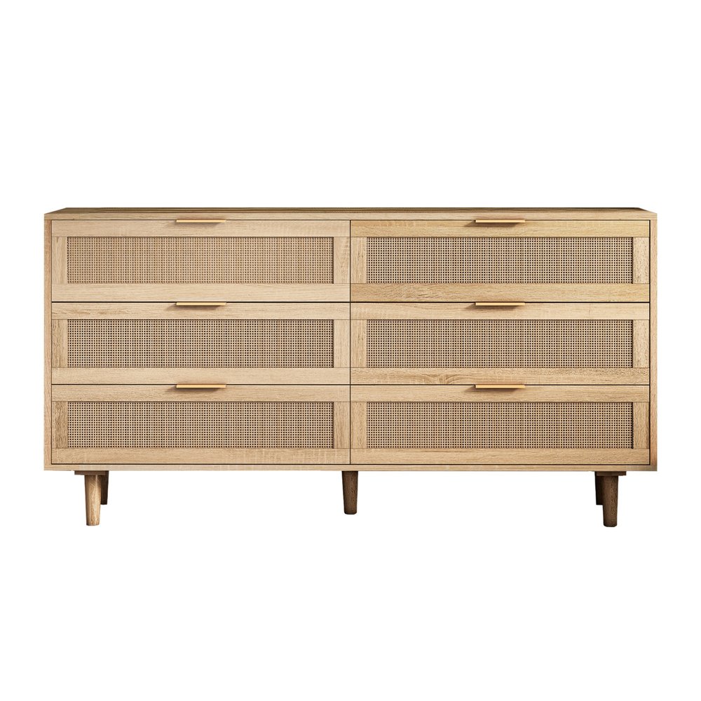 59" Natural Wood and Rattan Six Drawer Double Dresser HomeRoots