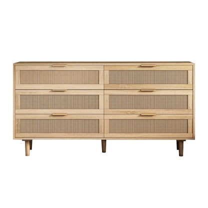 59" Natural Wood and Rattan Six Drawer Double Dresser HomeRoots