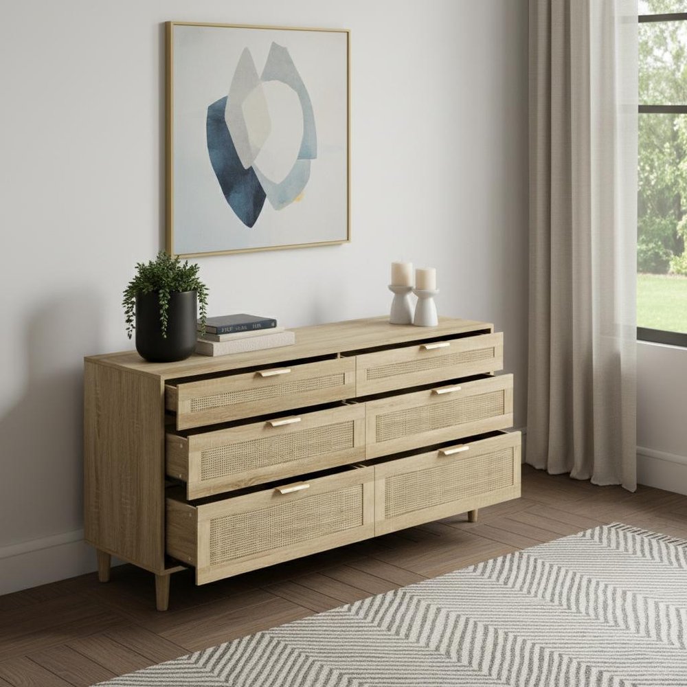 59" Natural Wood and Rattan Six Drawer Double Dresser HomeRoots