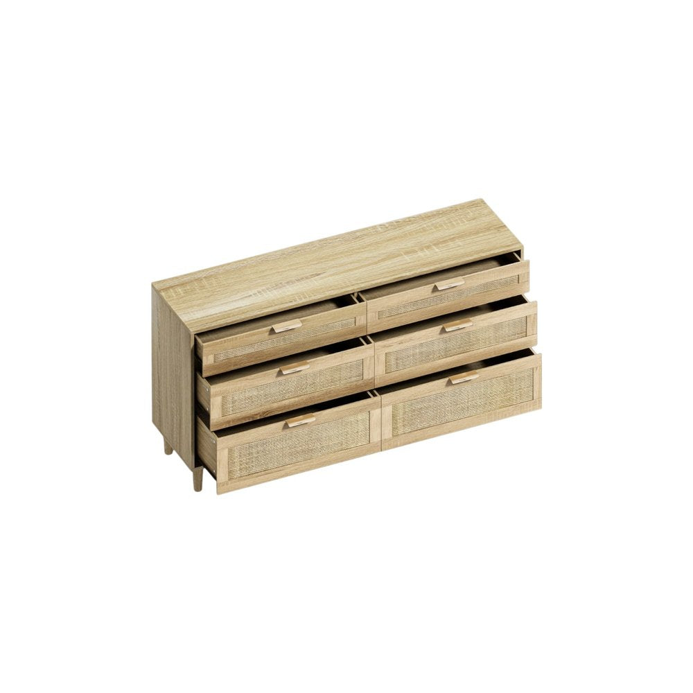 59" Natural Wood and Rattan Six Drawer Double Dresser HomeRoots
