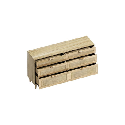 59" Natural Wood and Rattan Six Drawer Double Dresser HomeRoots