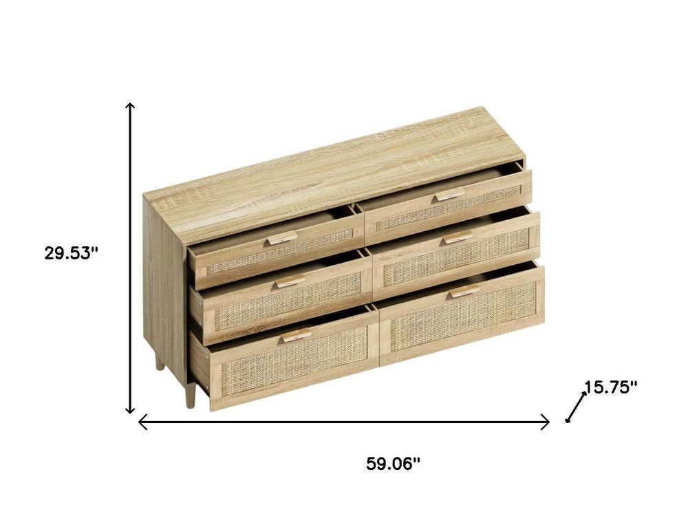 59" Natural Wood and Rattan Six Drawer Double Dresser HomeRoots