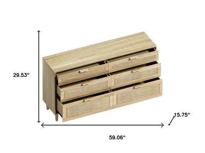 59" Natural Wood and Rattan Six Drawer Double Dresser HomeRoots