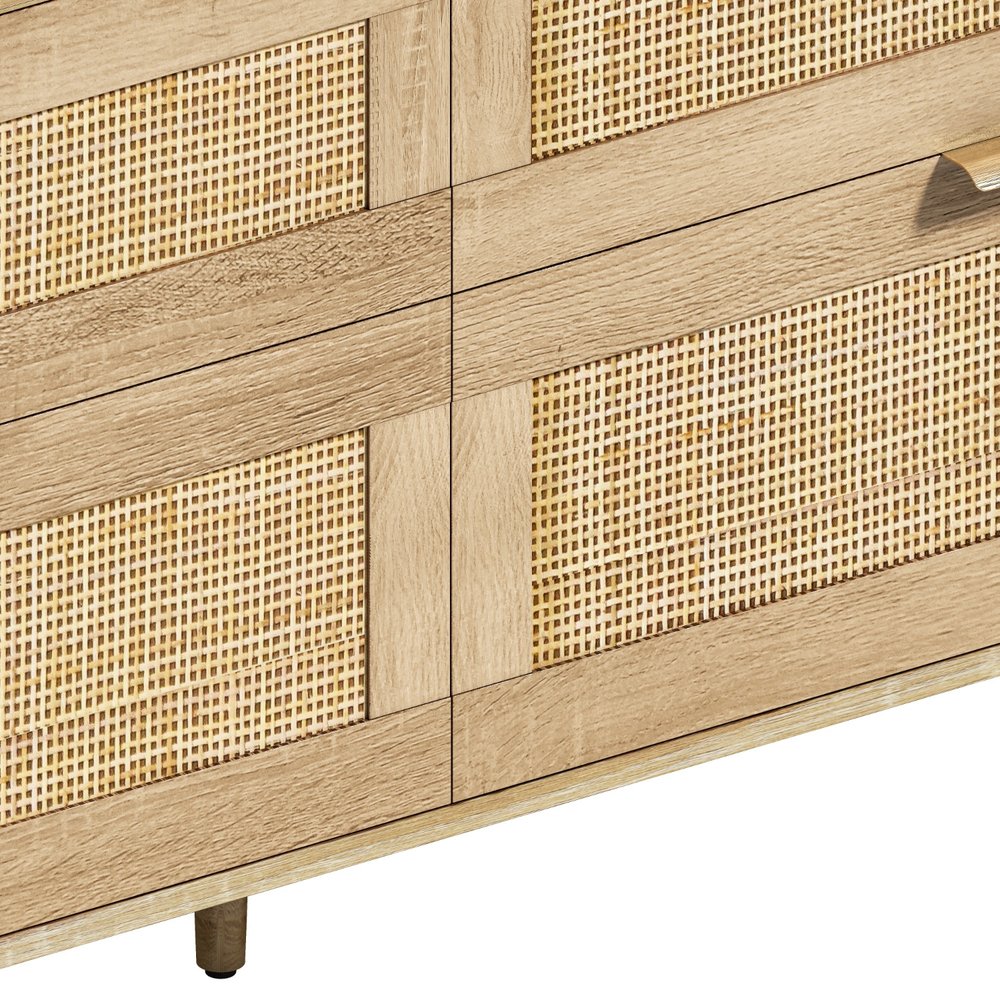 59" Natural Wood and Rattan Six Drawer Double Dresser HomeRoots