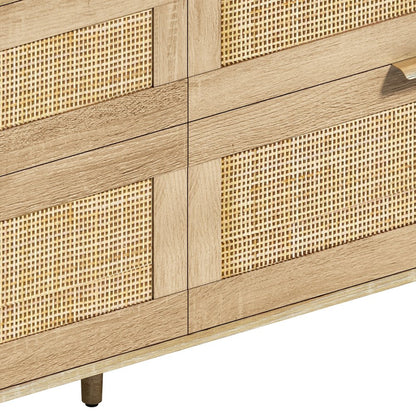 59" Natural Wood and Rattan Six Drawer Double Dresser HomeRoots