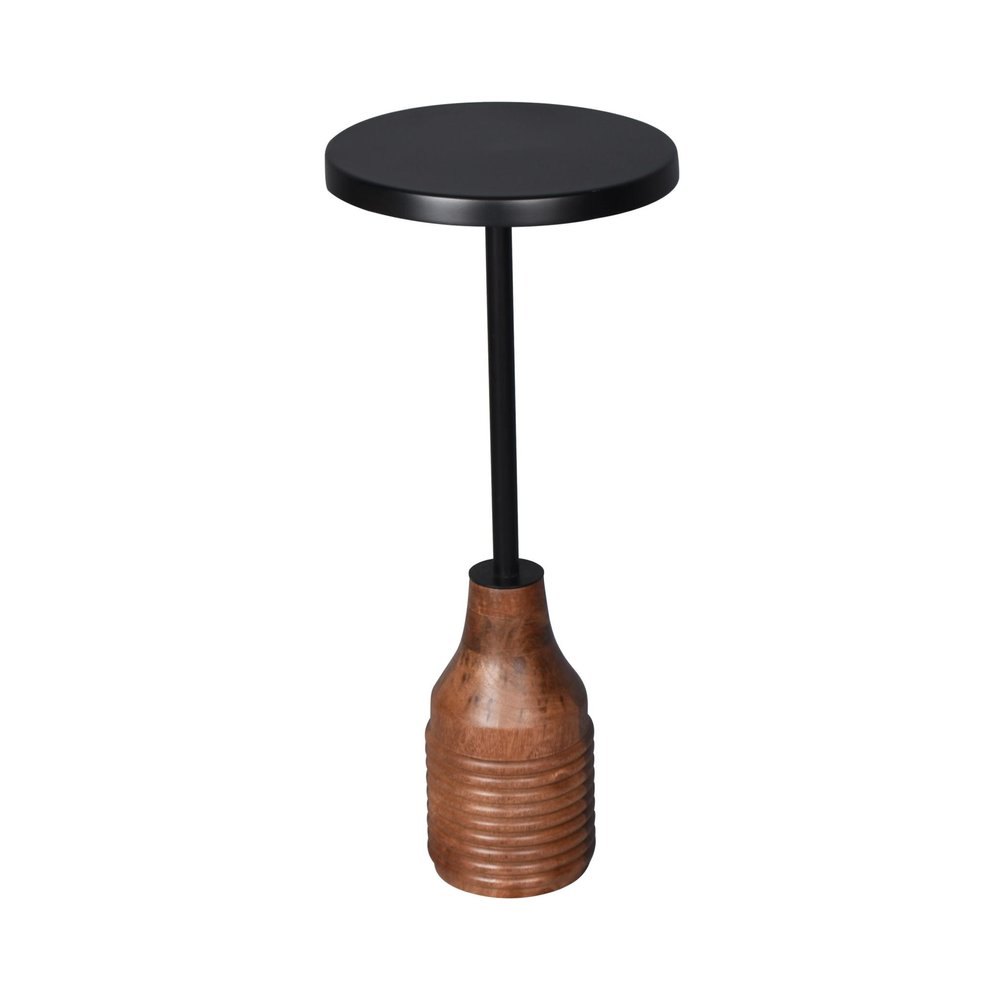 22" Black and Brown Iron and Solid Wood Round Pedestal End Table