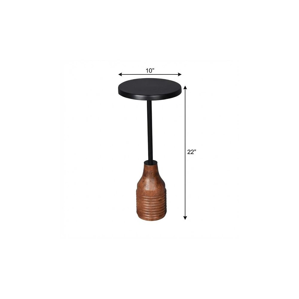 22" Black and Brown Iron and Solid Wood Round Pedestal End Table HomeRoots