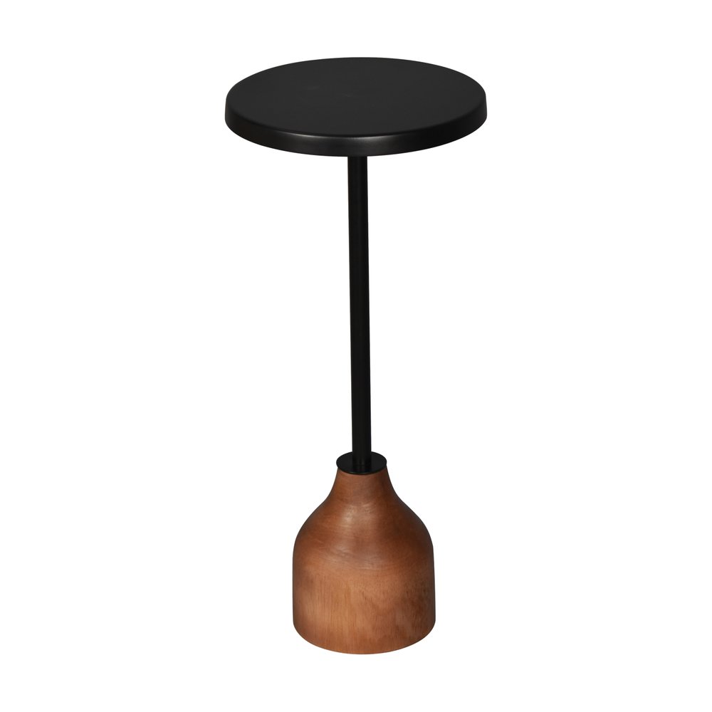 22" Black and Brown Distressed Iron and Solid Wood Round Pedestal End Table HomeRoots