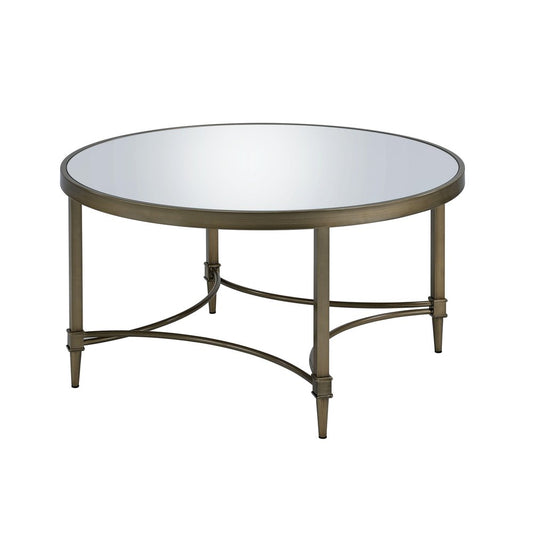 36" Clear and Antiqued Brass Mirrored Glass and Steel Round Distressed Coffee Table