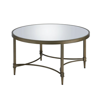 36" Clear and Antiqued Brass Mirrored Glass and Steel Round Distressed Coffee Table