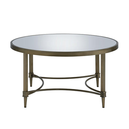 36" Clear and Antiqued Brass Mirrored Glass and Steel Round Distressed Coffee Table HomeRoots