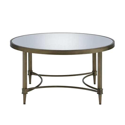 36" Clear and Antiqued Brass Mirrored Glass and Steel Round Distressed Coffee Table
