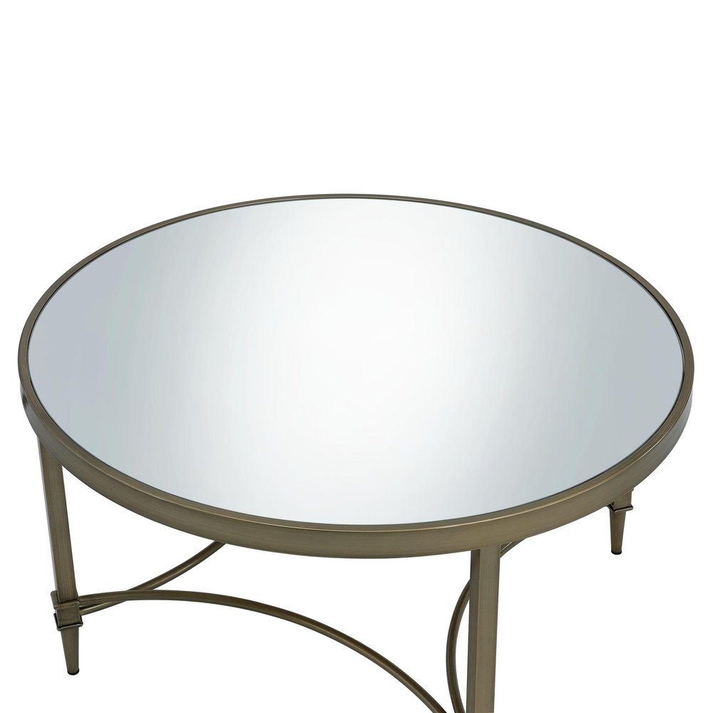 36" Clear and Antiqued Brass Mirrored Glass and Steel Round Distressed Coffee Table
