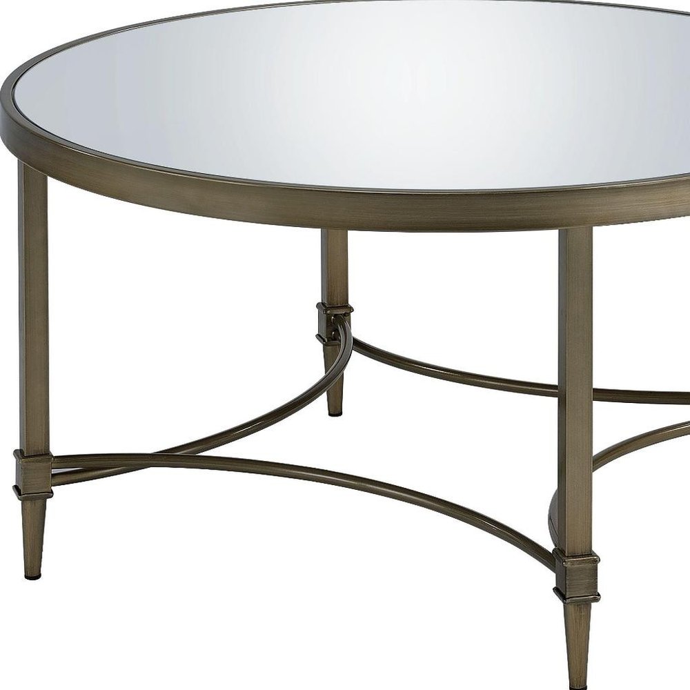 36" Clear and Antiqued Brass Mirrored Glass and Steel Round Distressed Coffee Table HomeRoots