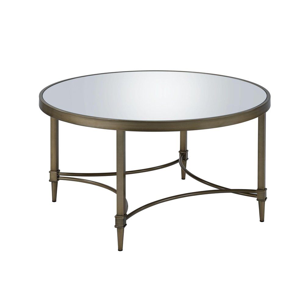 36" Clear and Antiqued Brass Mirrored Glass and Steel Round Distressed Coffee Table — view 5