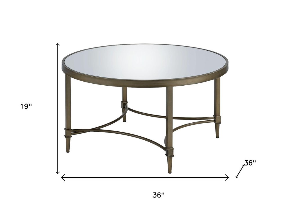 36" Clear and Antiqued Brass Mirrored Glass and Steel Round Distressed Coffee Table — view 6