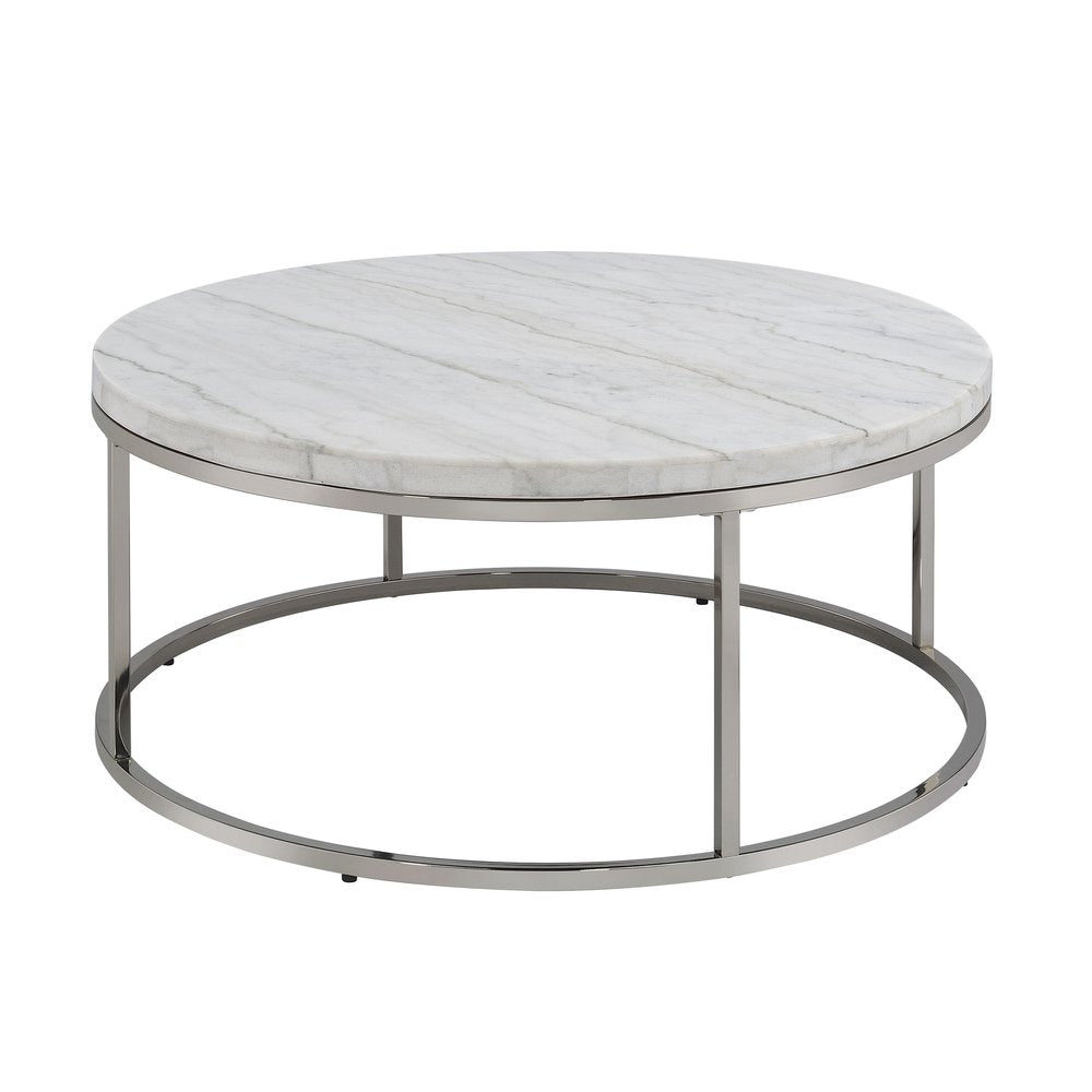 36" Natural and Nickel Genuine Marble and Steel Round Frame Coffee Table HomeRoots
