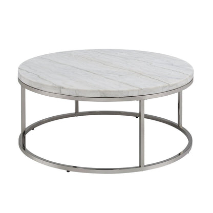 36" Natural and Nickel Genuine Marble and Steel Round Frame Coffee Table HomeRoots