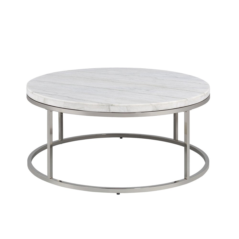 36" Natural and Nickel Genuine Marble and Steel Round Frame Coffee Table HomeRoots