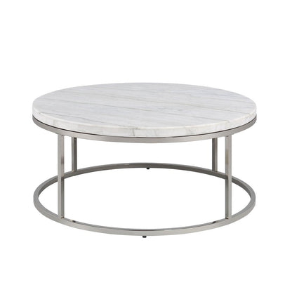 36" Natural and Nickel Genuine Marble and Steel Round Frame Coffee Table HomeRoots