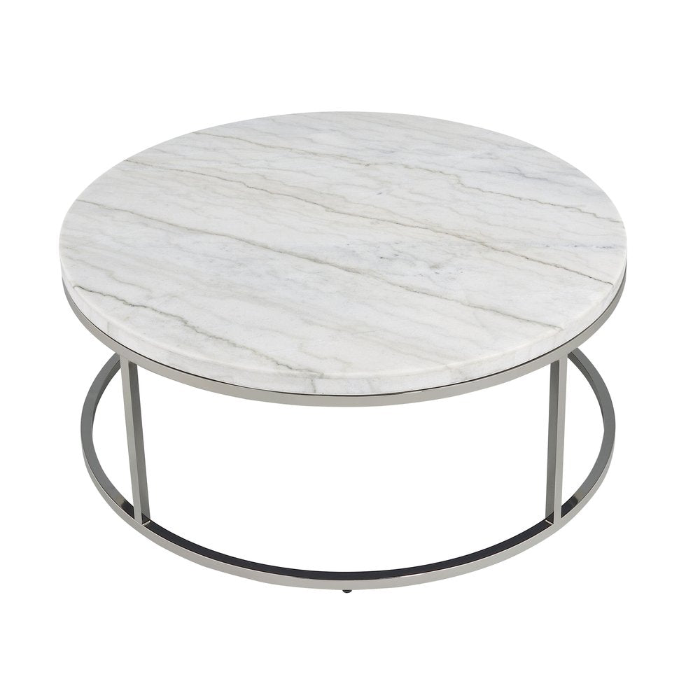 36" Natural and Nickel Genuine Marble and Steel Round Frame Coffee Table HomeRoots