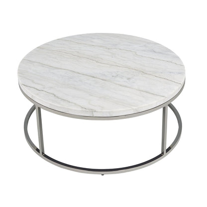 36" Natural and Nickel Genuine Marble and Steel Round Frame Coffee Table HomeRoots