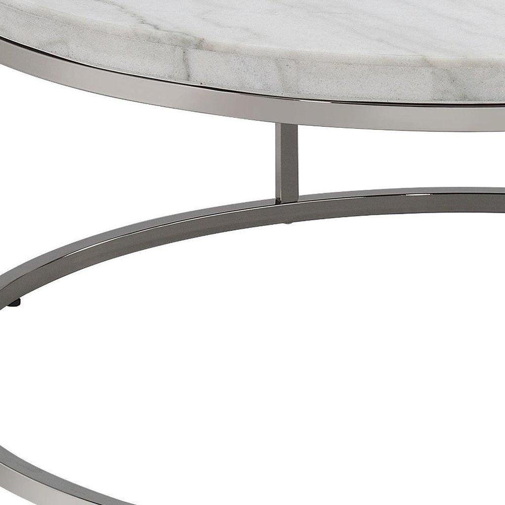 36" Natural and Nickel Genuine Marble and Steel Round Frame Coffee Table HomeRoots