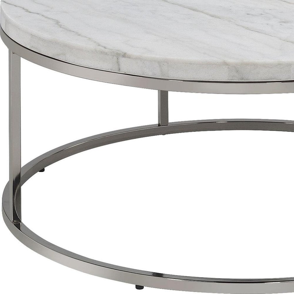 36" Natural and Nickel Genuine Marble and Steel Round Frame Coffee Table HomeRoots