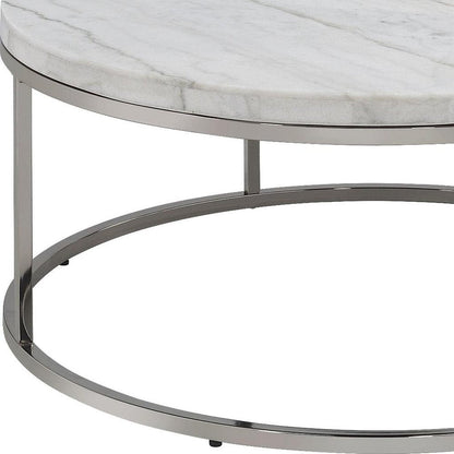 36" Natural and Nickel Genuine Marble and Steel Round Frame Coffee Table HomeRoots