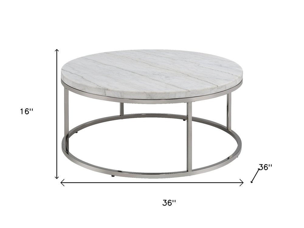 36" Natural and Nickel Genuine Marble and Steel Round Frame Coffee Table HomeRoots
