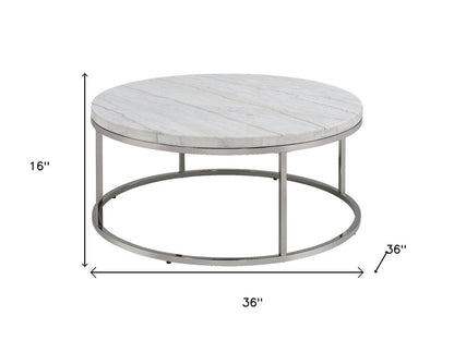 36" Natural and Nickel Genuine Marble and Steel Round Frame Coffee Table HomeRoots