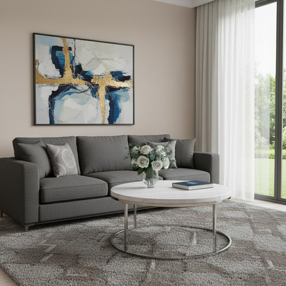 36" Natural and Nickel Genuine Marble and Steel Round Frame Coffee Table HomeRoots