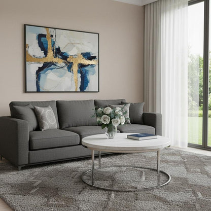 36" Natural and Nickel Genuine Marble and Steel Round Frame Coffee Table HomeRoots