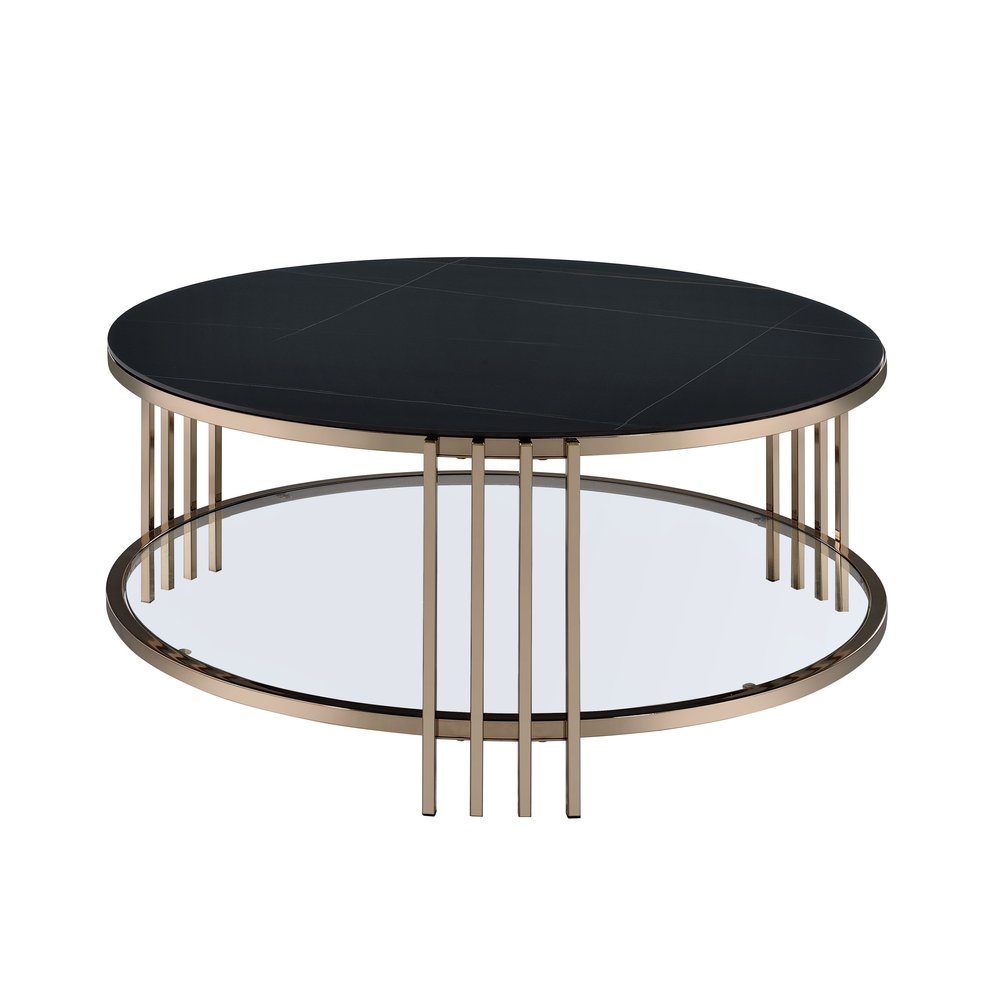 35" Black and Champagne Sintered Stone and Steel Round Coffee Table HomeRoots