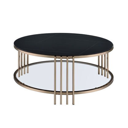 35" Black and Champagne Sintered Stone and Steel Round Coffee Table HomeRoots