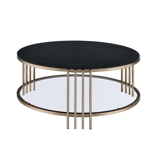 35" Black and Champagne Sintered Stone and Steel Round Coffee Table
