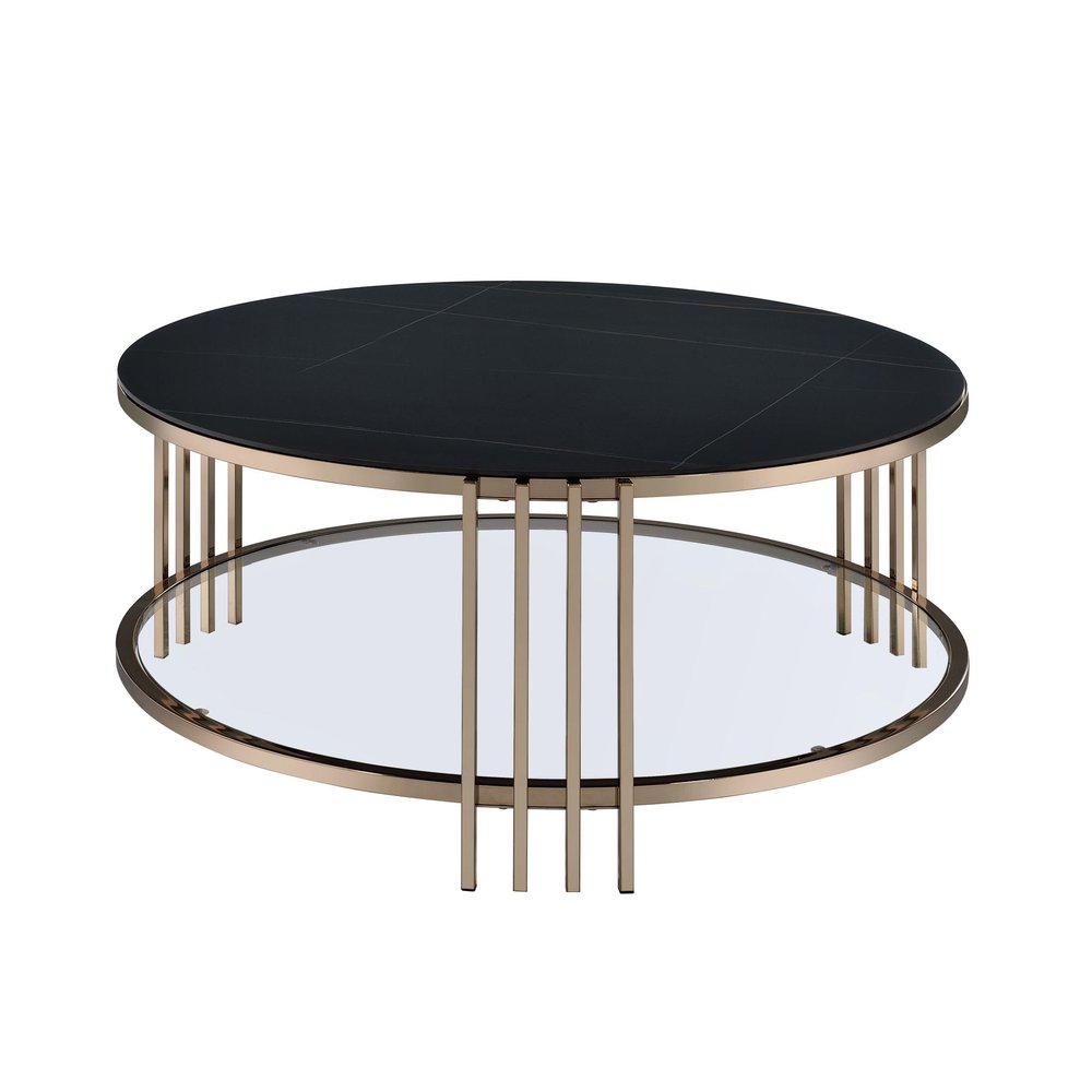 35" Black and Champagne Sintered Stone and Steel Round Coffee Table — view 1