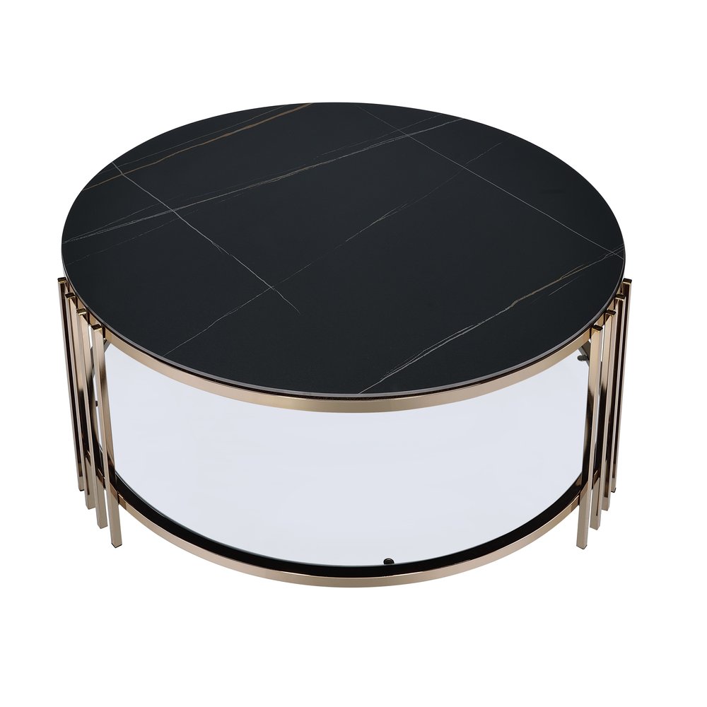 35" Black and Champagne Sintered Stone and Steel Round Coffee Table HomeRoots