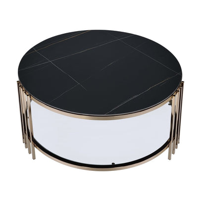 35" Black and Champagne Sintered Stone and Steel Round Coffee Table HomeRoots